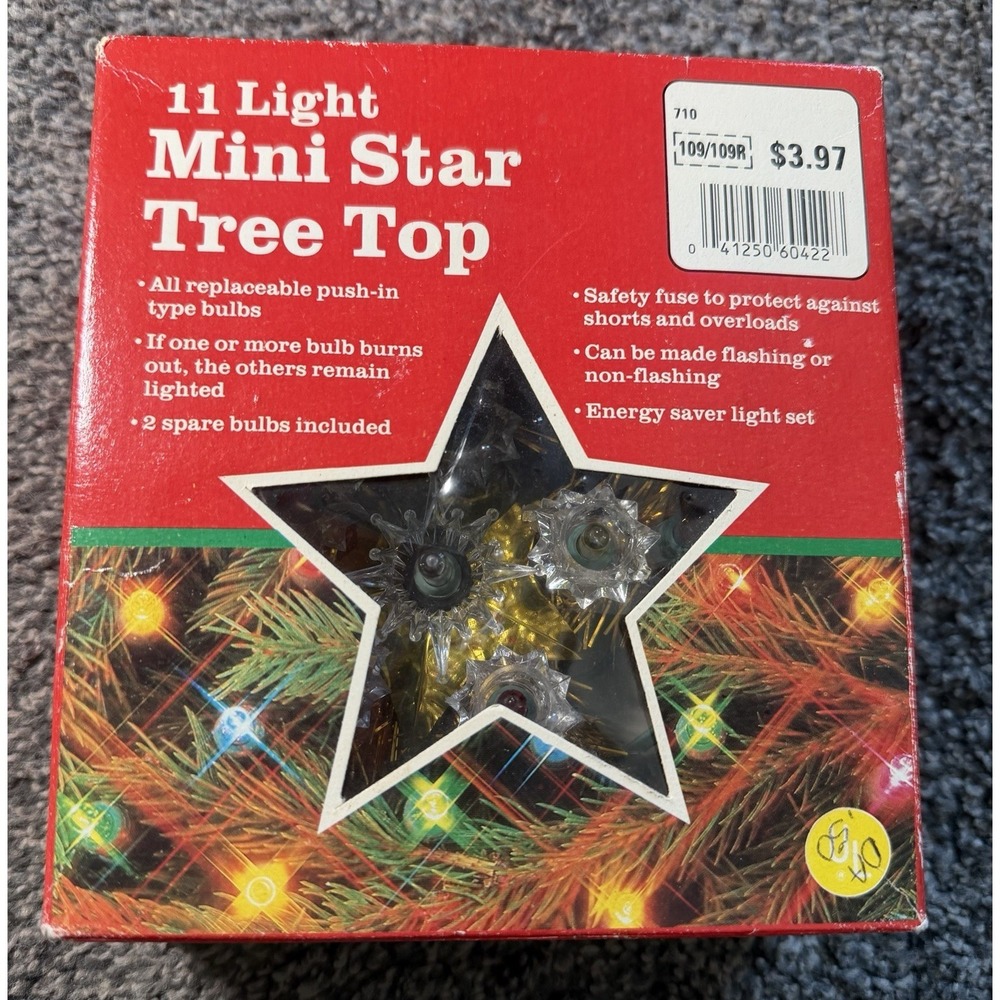 Vintage 11 Light Mini Star Tree Top Christmas Topper Gold Tinsel